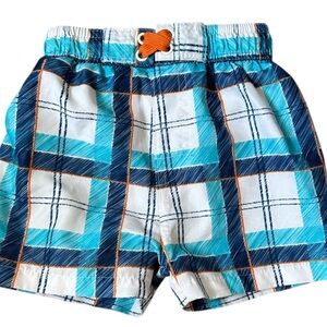Y2K Baby Boy Swim Trunks Plaid Swim Shorts Vibrant Blue White and Orange 12 M